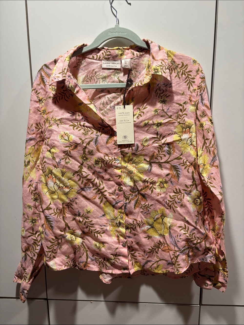 Laura Ashley Pink Floral Button-Down Shirt with Yellow Flowers‎ size large NWT